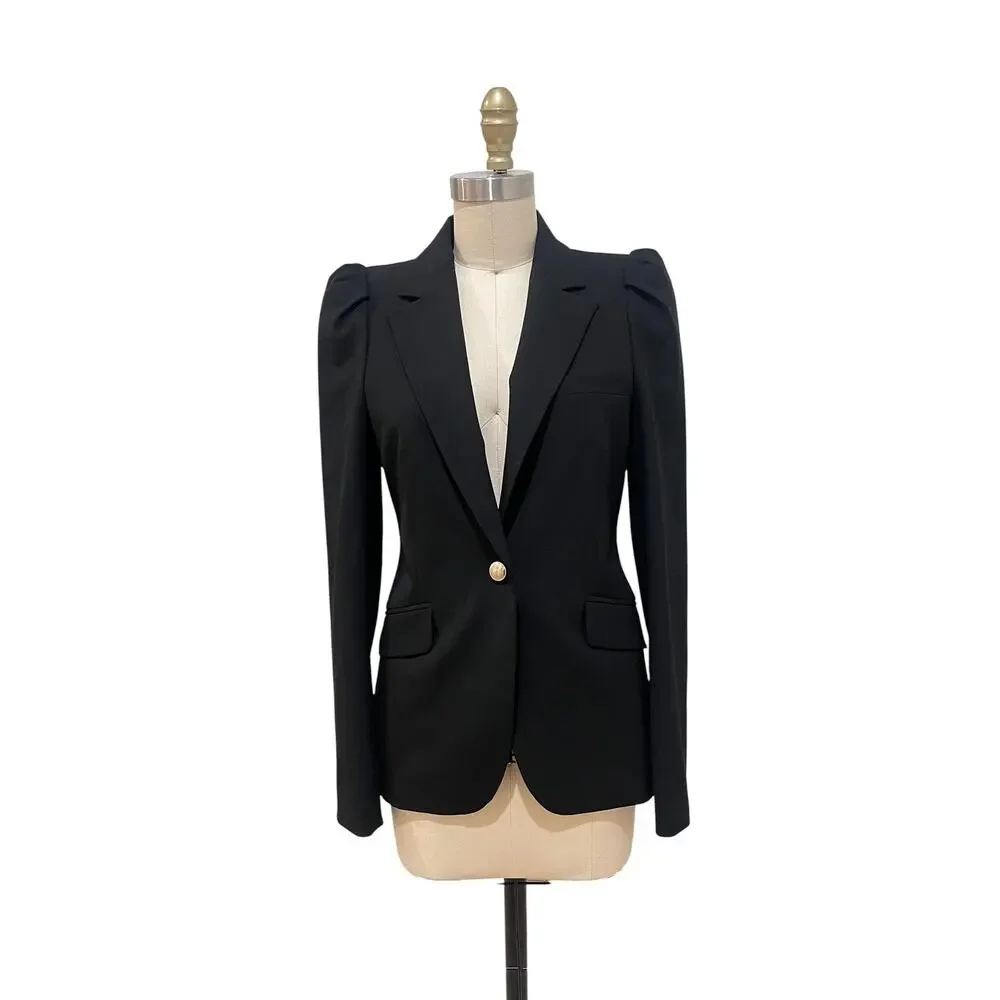 Zara Woman Blazer Womens Small Black Puff Shoulder One Button Lined Jacket